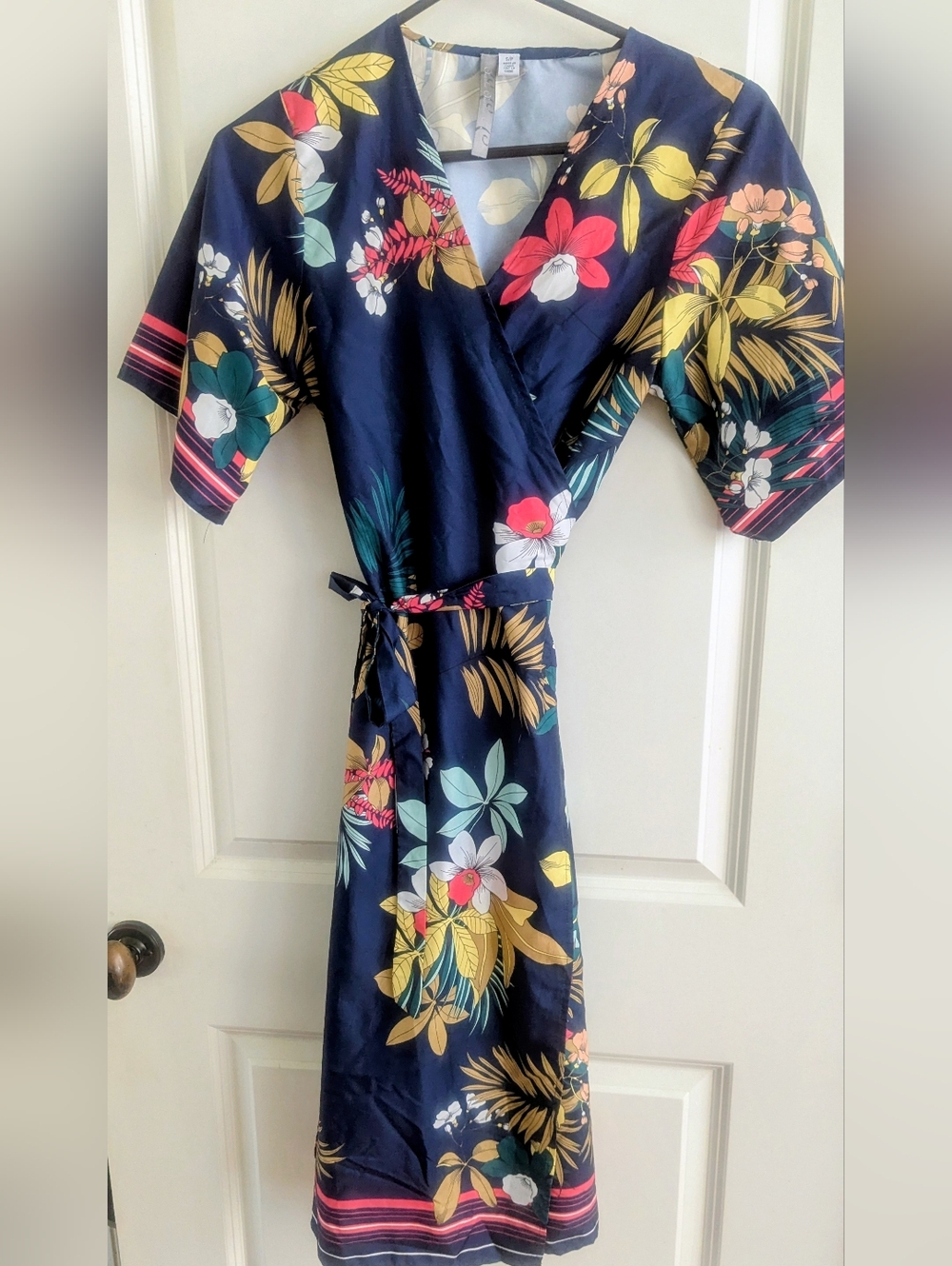 Kimono Navy Floral Wrap Dress with Tropical Print